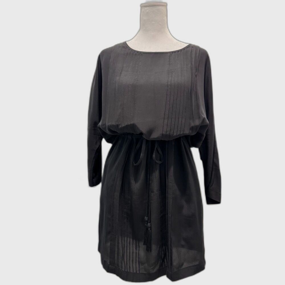 Greylin black long-sleeve mini dress, drawstring tassel waist